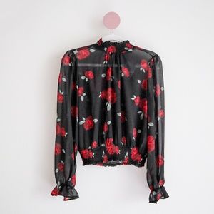 Forever 21 Rose Print Sheer Smocked Blouse